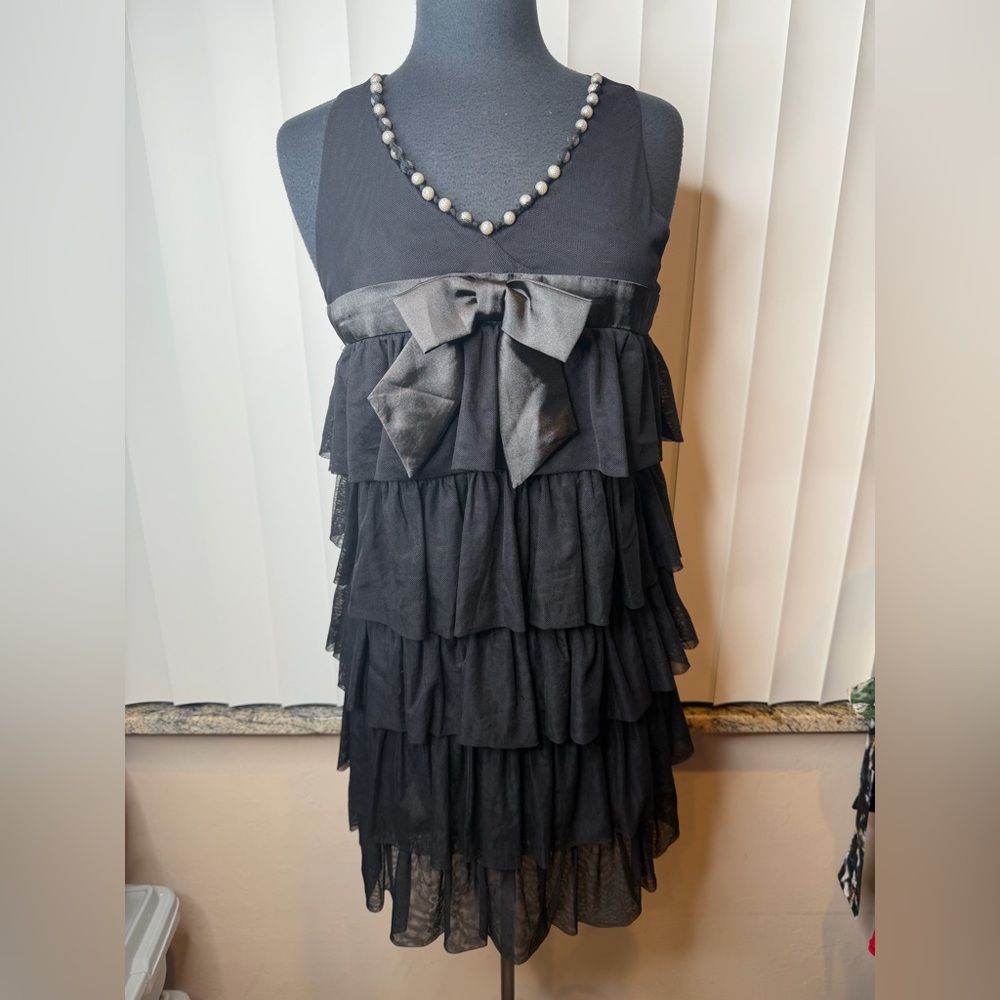 Cecico Black Tiered Ruffle Babydoll Dress Bow Beaded Neckline Cocktail SZ Large